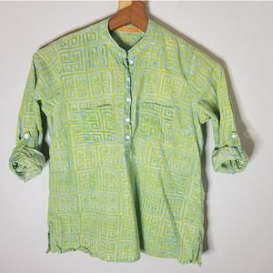Oliphant Half Button Pullover Cotton Blouse Green Blue Trellis Indian Print M